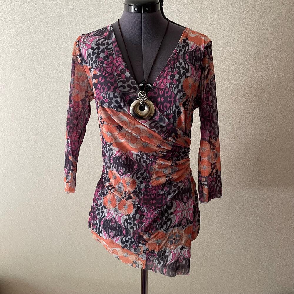 Y2K vintage 2000s mesh asymmetrical wrap top psychedelic floral fairy boho XL